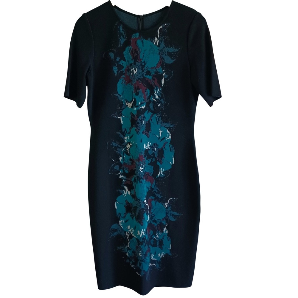 St. John Black Knit Sheath Dress Abstract Floral Intarsia Short Sleeve Size 6 - Picture 2 of 12